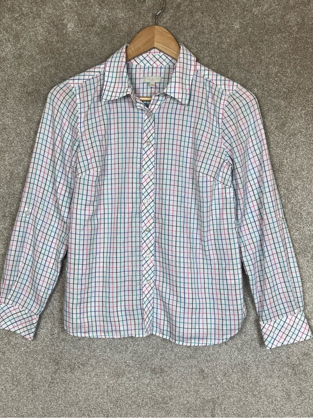 Talbots Shirt Womens P Petite White Plaid Cotton Long Sleeve Button Front- 5354